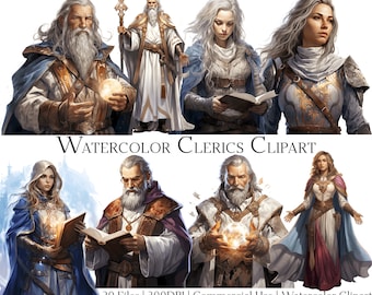 May include: Watercolor clipart of clerics, featuring a variety of characters with different clothing and accessories. The characters are holding books, orbs, and staffs. The image is in a watercolor style and has a light blue background.