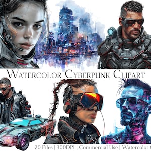 Watercolor Cyberpunk Clipart Set of 20 Files with Instant Download & Commercial Use, PNG + PDF Format Perfect for DIY Crafts.