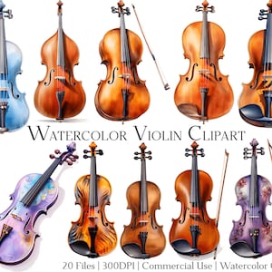 May include: A set of 20 watercolor violin clipart images. The violins are in various colors and styles, including blue, brown, purple, and orange. Some violins have floral designs. The images are perfect for digital scrapbooking, card making, and other craft projects.
