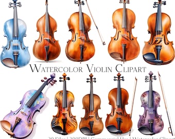 Watercolor Violin Clipart Set: Musical Instrument Graphics (PNG + PDF)
