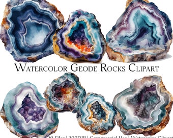 May include: Watercolor clipart of 8 geode rocks with various colors and patterns, including blue, purple, orange, and brown. The text "Watercolor Geode Rocks Clipart" is at the top of the image.