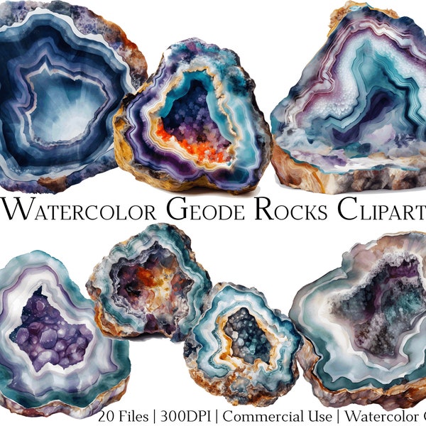 Watercolor Crystal Rock Geodes Clipart Set of 20 Files with Instant Download & Commercial Use, PNG + PDF Format Perfect for DIY Crafts.