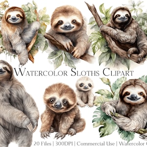 Watercolor Sloth Clipart Set of 20 Files with Instant Download & Commercial Use, PNG + PDF Format, Perfect for DIY Crafts.