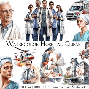 May include: Watercolour clipart set featuring hospital staff, a medical helicopter, a first aid kit, and a hospital building. The set includes doctors, nurses, and patients in various poses. The clipart is perfect for creating medical-themed projects.