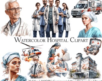 Conjunto de imágenes prediseñadas de hospital en acuarela: Gráficos médicos (PNG + PDF)