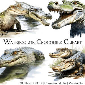 Ensemble de 20 fichiers clipart aquarelle crocodile avec téléchargement immédiat et utilisation commerciale, au format PNG + PDF, parfait pour les travaux manuels.