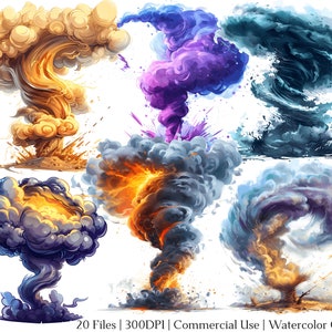 May include: A set of watercolor illustrations of swirling smoke and explosions in various colors, including blue, purple, orange, and yellow. The illustrations are perfect for adding a dramatic effect to any design.
