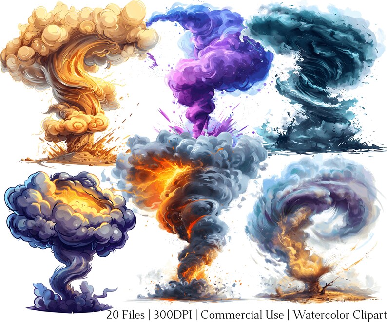May include: A set of watercolor illustrations of swirling smoke and explosions in various colors, including blue, purple, orange, and yellow. The illustrations are perfect for adding a dramatic effect to any design.