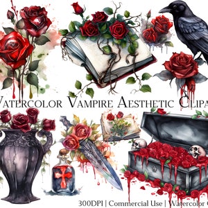 Watercolor Vampire Gothic Aesthetics Clipart Set of 20 Files with Instant Download & Commercial Use, PNG + PDF Format Perfect for DIY Crafts