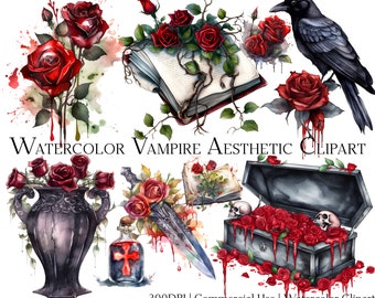 Watercolor Vampire Gothic Aesthetics Clipart Set of 20 Files with Instant Download & Commercial Use, PNG + PDF Format Perfect for DIY Crafts