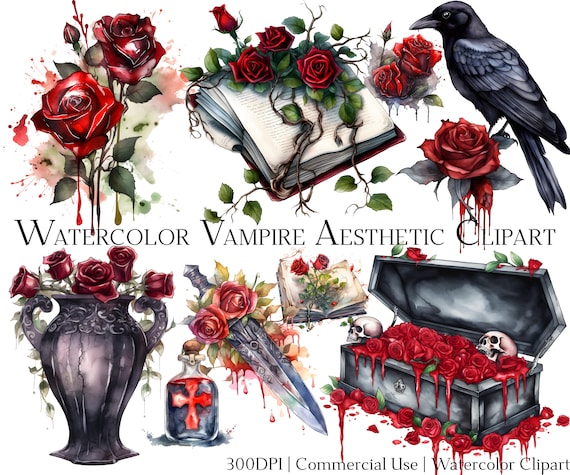 Watercolor Vampire Gothic Clipart Set, Commercial Use (PNG + PDF)