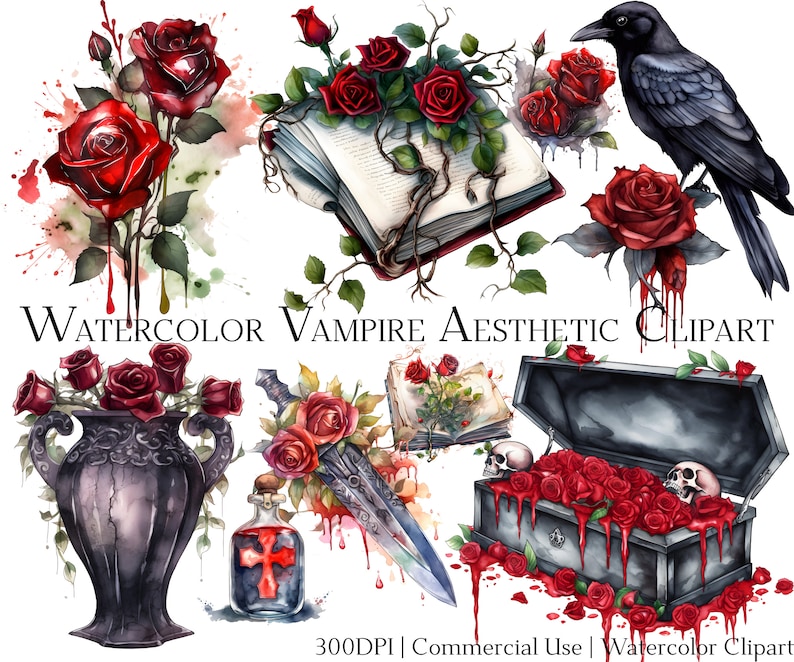Akvarell vampyr gotisk clipart-set, kommersiellt bruk (PNG + PDF) bild 1
