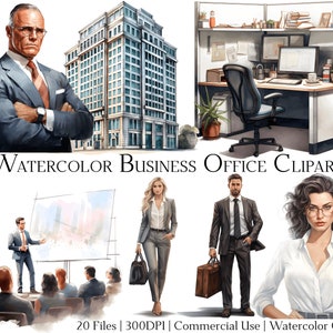 Watercolor Business Office Clipart Set of 20 Files with Instant Download & Commercial Use, PNG + PDF Format, Perfect for DIY Crafts