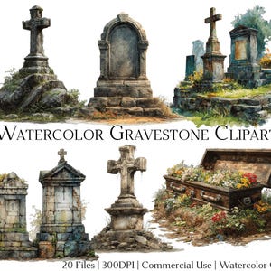Ensemble de 20 cliparts aquarelle pierre tombale avec téléchargement immédiat et utilisation commerciale, Format PNG + PDF, travaux manuels.