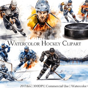 Op de afbeelding: Waterverf hockey clipart met illustraties van ijshockeyspelers in actie, een puck en een doel. De spelers dragen verschillende uniformen. De tekst "Watercolor Hockey Clipart" is zichtbaar in de afbeelding.