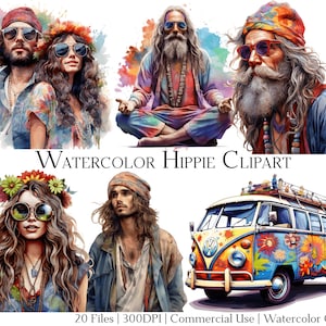 Watercolor Hippie Clipart Set of 20 Files with Instant Download & Commercial Use, PNG + PDF Format, Perfect for DIY Crafts.