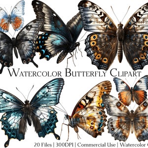 Aquarell Schmetterling Clipart-Set mit 20 Dateien mit sofortigem Download und kommerzieller Nutzung, PNG + PDF-Format, perfekt für Heimwerker.