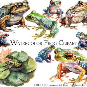 Ensemble de 20 cliparts grenouille aquarelle avec téléchargement immédiat et utilisation commerciale, Format PNG + PDF parfait pour les travaux manuels.