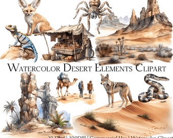 Clipartset aquarel woestijn: dieren, planten, ruïnes (PNG + pdf)