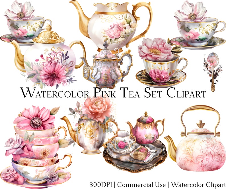 Watercolor Pink Tea Clipart Set of 20 Files With Instant - Etsy