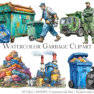May include: Watercolor clipart featuring a garbage truck, trash bins, and a worker. The image includes a large dumpster, a worker in blue overalls, and a pile of colorful trash bags. The text "WATERCOLOR GARBAGE CLIPART" is also present.
