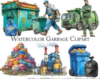 Clipartset aquarel vuilnis: commercieel gebruik, png en pdf (digitale download)