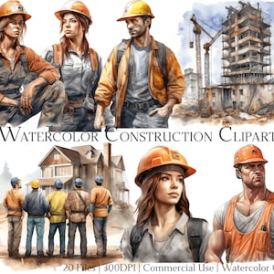 Conjunto de clipart de construção em aquarela com 20 arquivos com download instantâneo e uso comercial, formato PNG + PDF, perfeito para artesanato DIY