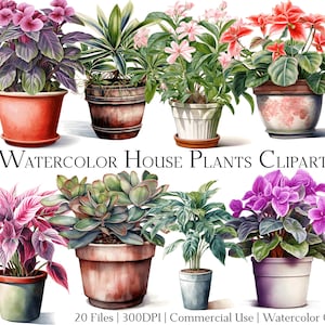 Aquarel kamerplanten clipartset van 20 bestanden met directe download en commercieel gebruik, png- en pdf-indeling, perfect voor doe-het-zelvers