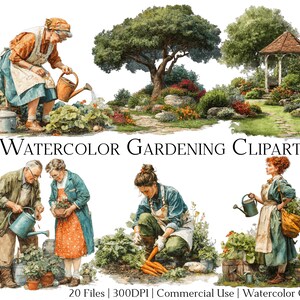Conjunto de 20 archivos de imágenes prediseñadas de jardinería en acuarela con descarga instantánea y uso comercial, formato PNG + PDF, manualidades de bricolaje.
