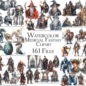 Watercolor Medieval Fantasy Clipart Set of 161 Files with Instant Download & Commercial Use, PNG + PDF Format Perfect for DIY Crafts.