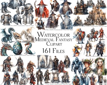 Clipart de fantasía medieval en acuarela: 161 archivos PNG y PDF (descarga digital)