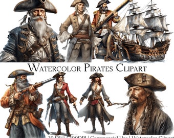 May include: Watercolor clipart set of pirates, featuring a ship, a captain with a long white beard, a female pirate with a red jacket, a female pirate with a blue jacket, and a pirate with a beard and a bandana. The text "WATERCOLOR PIRATES CLIPART" is at the top of the image. The text "20 Files | 300DPI | Commercial Use | Watercolor Clipart" is at the bottom of the image.