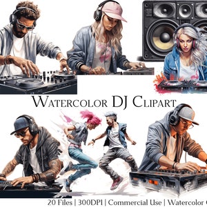 Aquarell DJ Clipart Set mit 20 Dateien mit sofortigem Download und kommerzieller Nutzung, Png + PDF-Format, perfekt für Heimwerker
