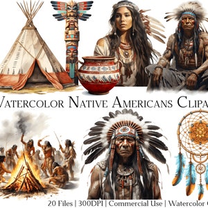 Ensemble de 20 cliparts aquarelles amérindiens avec téléchargement immédiat et utilisation commerciale, au format PNG + PDF, parfait pour les invitations à faire soi-même.