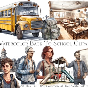 Conjunto de 20 archivos de imágenes prediseñadas de regreso a clases en acuarela con descarga instantánea y uso comercial, formato PNG + PDF, perfecto para manualidades de bricolaje.