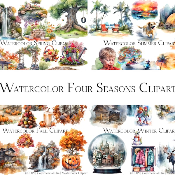 Watercolor Four Seasons Clipart Set of 81 Files with Instant Download & Commercial Use, PNG + PDF Format Perfect for DIY Crafts.