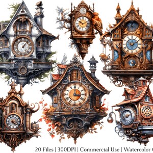 Watercolor Cuckoo Clocks Clipart Set of 20 Files With Instant Download ...