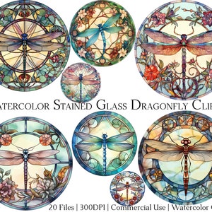 Aquarell Buntglas Libellen Clipart-Set mit 20 Dateien mit sofortigem Download und kommerzieller Nutzung, PNG + PDF-Format, perfekt für Heimwerker.