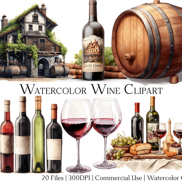 Watercolor Wine Clipart Set of 20 Files with Instant Download & Commercial Use, PNG + PDF Format, Perfect for Crafts