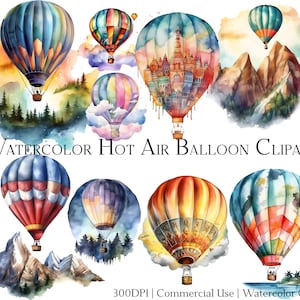 Watercolor Hot Air Balloon Clipart Set of 20 Files with Instant Download & Commercial Use, PNG + PDF Format Perfect for DIY Crafts.
