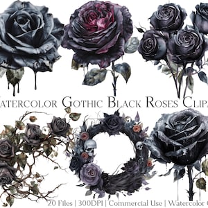 Ensemble de 20 cliparts aquarelle gothiques roses noires avec téléchargement immédiat et utilisation commerciale, au format PNG + PDF, parfait pour les travaux manuels d'art/d'art.