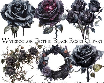 Watercolor Gothic Black Roses Clipart: 20 PNG & PDF Files