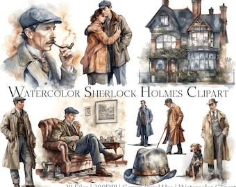 Watercolor Sherlock Holmes Clipart: Mystery Detective Graphics (PNG + PDF)