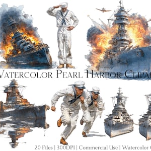 水彩の真珠湾クリップアート セット (20 ファイル)、即時ダウンロード & 商用利用可能、PNG + PDF 形式、DIY クラフト。