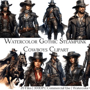 Ensemble de 20 cliparts aquarelle gothiques steampunk cowboys avec téléchargement immédiat et utilisation commerciale, au format PNG + PDF, parfait pour les travaux manuels