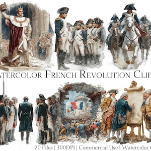 May include: Watercolor clipart featuring scenes from the French Revolution. The images depict historical figures in period clothing, including soldiers, leaders, and crowds. The color palette includes reds, blues, and golds, with the text "Watercolor French Revolution Clipart".
