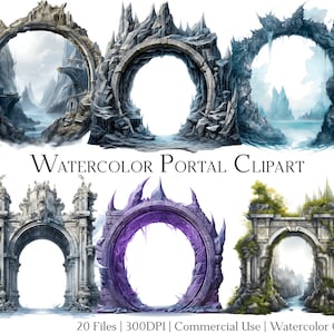 Puede incluir: Un conjunto de 20 imágenes de clipart de acuarela de portales de fantasía. Los portales están hechos de piedra, hielo y magia. Son perfectos para agregar un toque de fantasía a tus diseños.