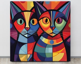 Bold Vibrant Colorful Abstract Geometric Picasso Inspired Cat Art, Canvas Art Print, Gift for Cat Lovers