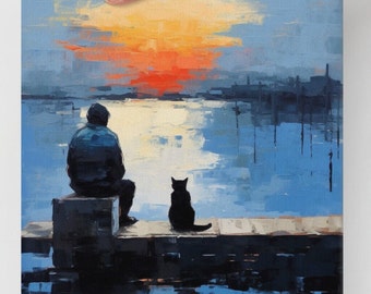 Dock of the Bay Cat Art Relaxation Decor, Friends Lake Mountain, Ocean Sunset, Peaceful Tranquility