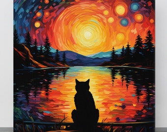 Van Gogh Inspired Cat Art, Mountain Lake Cabin Wall Art, Gift for Cat Lovers, Relaxing Reflective Wall Art, Cat Decor